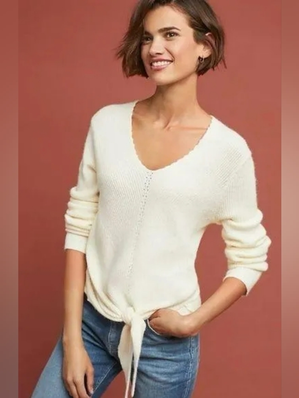 Moth Freeport Ribbed Tie Front Sweater from Anthropologie Cream  XS